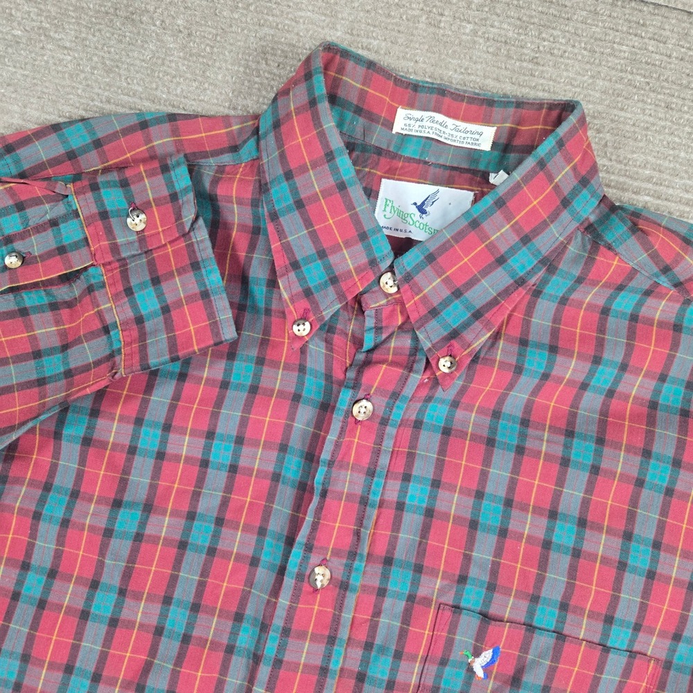 Flying Scotsman Mens L Red Teal Plaid Vintage Made in USA Button Down Shirt